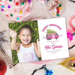 Kerstboom op Roze RV Foto Feestdagenkaart