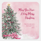Kerstboom op Roze Vierkante Sticker (Voorkant)