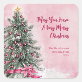 Kerstboom op Roze Vierkante Sticker
