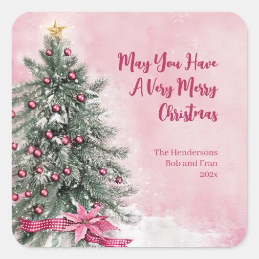 Kerstboom op Roze Vierkante Sticker (Voorkant)