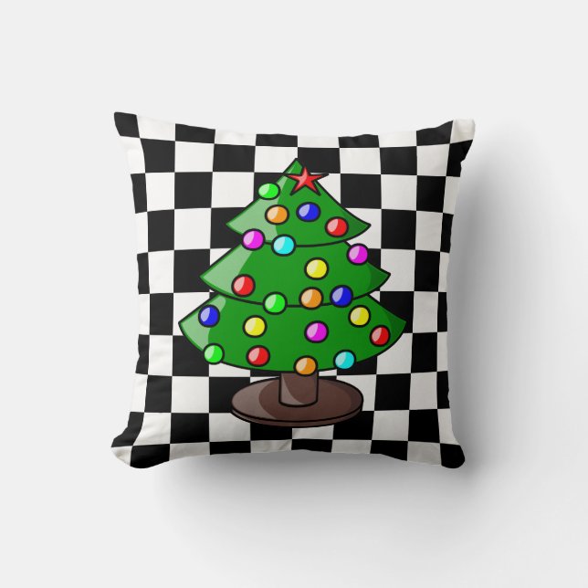 Kerstboom op zwart-wit geruit achtergrond kussen (Voorkant)