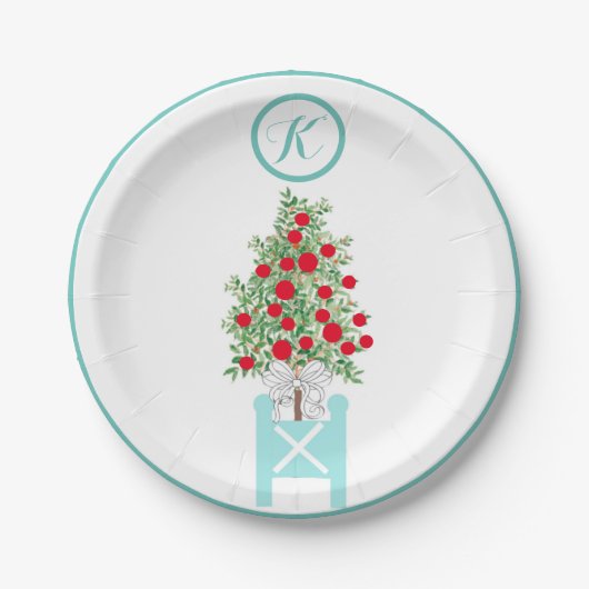 Kerstboom Oranje Topiary Chinoiserie Papieren Bordje (Voorkant)