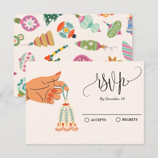 Kerstboom ornamenten decoratie RSVP kaartje (Voorkant / Achterkant)