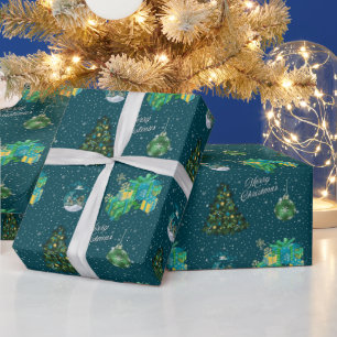 Kerstboom, ornamenten en geschenken groene kleur cadeaupapier