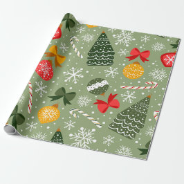 Kerstboom & Ornamenten Saliegroen Patroon  Cadeaupapier