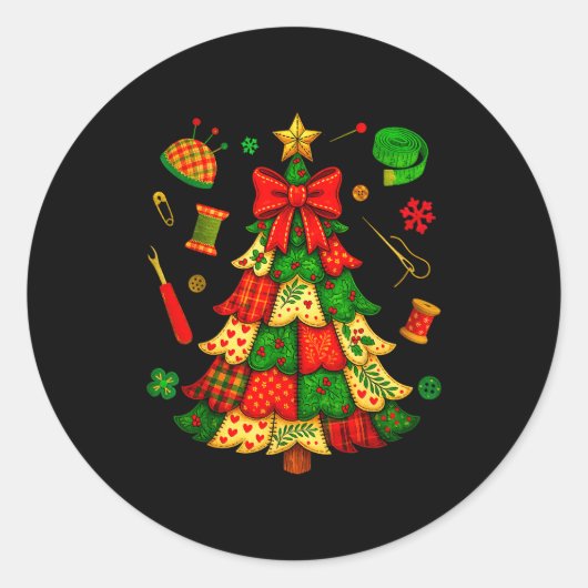 Kerstboom Patchwork Quilten Quilter Naaien L Ronde Sticker (Voorkant)