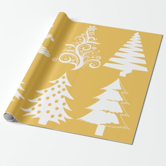 Kerstboom patroon goud wit cadeaupapier (Uitgerold)