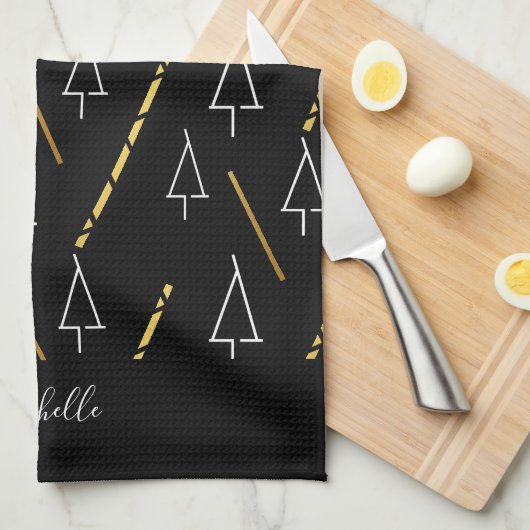 Kerstboom patroon in zwart, wit en goud theedoek (Quarter Fold)