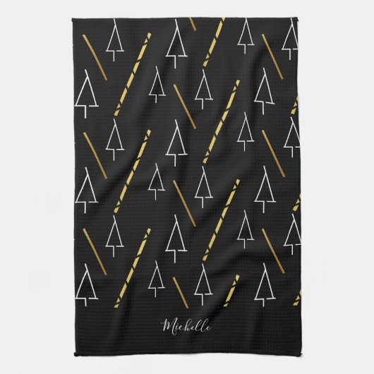 Kerstboom patroon in zwart, wit en goud theedoek (Verticaal)