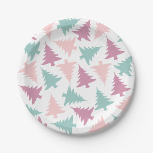 Kerstboom patroon pastel roze paarse groen papieren bordje