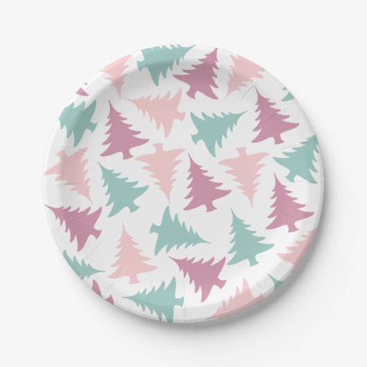 Kerstboom patroon pastel roze paarse groen papieren bordje (Voorkant)
