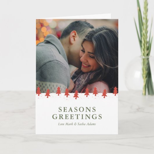 Kerstboom Patroon Rode Waterverf Custom Foto Feestdagen Kaart (Voorkant)