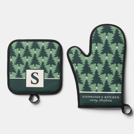 Kerstboom Patroon Sage Groen Monogrammed Ovenwant & Pannenlap Set (Voorkant)