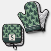 Kerstboom Patroon Sage Groen Monogrammed Ovenwant & Pannenlap Set (Voorkant / Achterkant)
