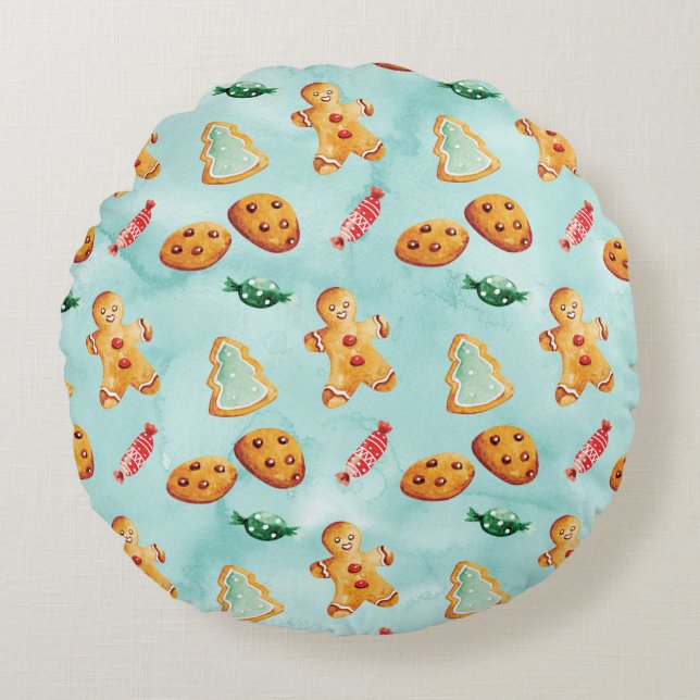 Kerstboom Patroon van Man van Peperkoek Rond Kussen (Voorkant)