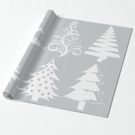 Kerstboom patroon zilver wit cadeaupapier