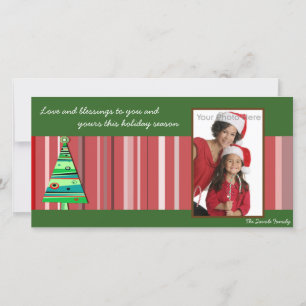 Kerstboom photocard met rode strepen feestdagenkaart