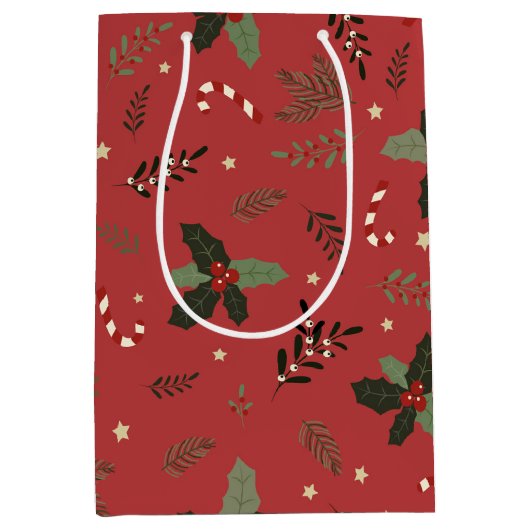Kerstboom Pine Branch Holly Berry Mistletoe Medium Cadeauzakje (Voorkant)
