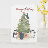 Kerstboom Pinguïns Kaart Vintage (Gele Bloem)