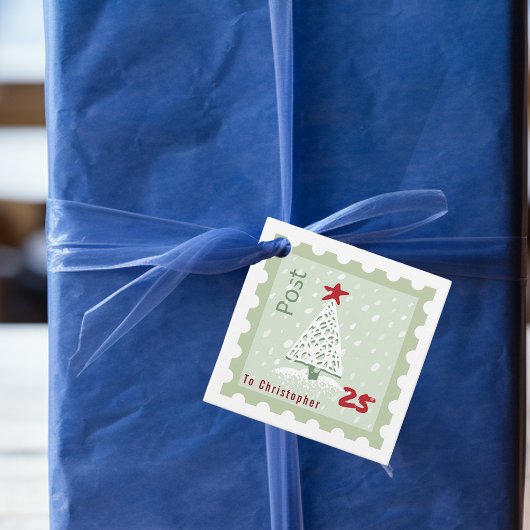 Kerstboom Postzegel Monogram naam Vierkant Bedankjes Labels