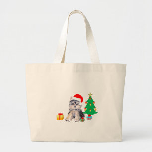Kerstboom, puppy en cadeau kunst grote tote bag