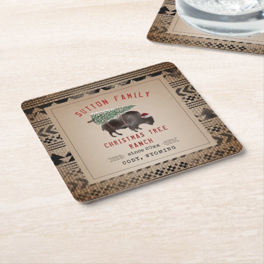 kerstboom Ranch Santa Bison Burlap Kartonnen Onderzetters (Schuin)