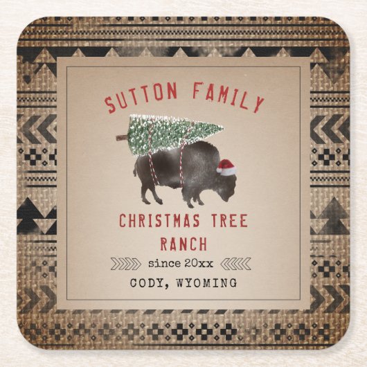 kerstboom Ranch Santa Bison Burlap Kartonnen Onderzetters (Voorkant)