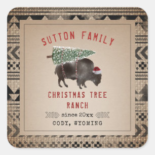 kerstboom Ranch Santa Bison Burlap Vierkante Sticker