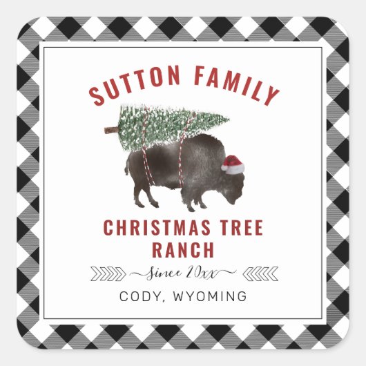 Kerstboom Ranch Santa Bison Plaid Vierkante Sticker (Voorkant)