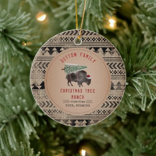 kerstboom Ranch Santa Buffalo Burlap Keramisch Ornament (Boom)
