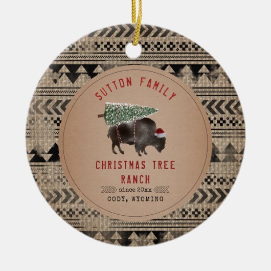 kerstboom Ranch Santa Buffalo Burlap Keramisch Ornament (Voorkant)