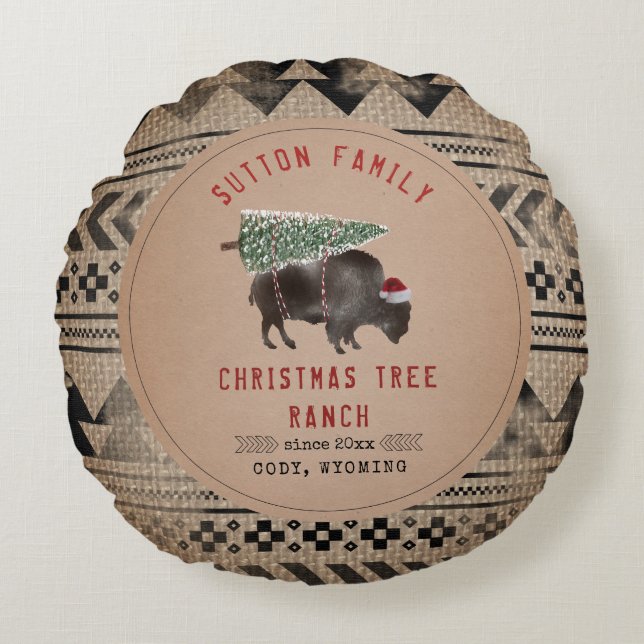 kerstboom Ranch Santa Buffalo Burlap Rond Kussen (Voorkant)
