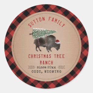 Kerstboom Ranch Santa Buffalo Rustic Pset Ronde Sticker