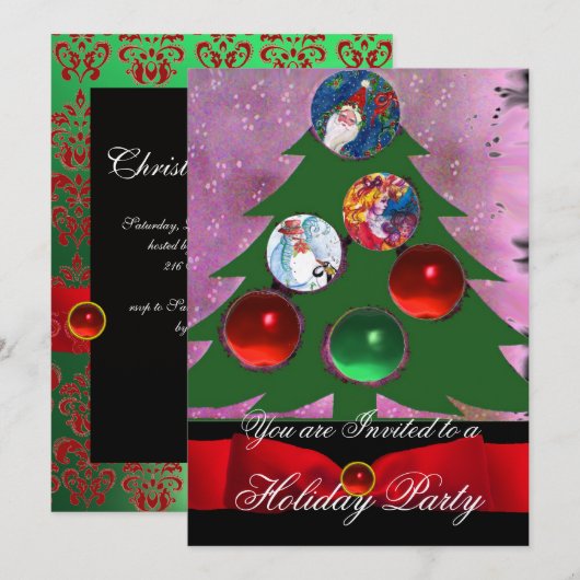 Kerstboom, Red Green Damask Holiday Party Kaart (Voorkant / Achterkant)