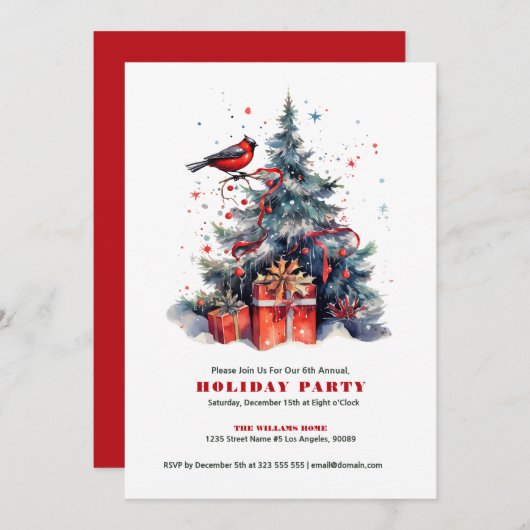 Kerstboom Red Robin Vakantie feestuitnodiging Kaart (Voorkant / Achterkant)