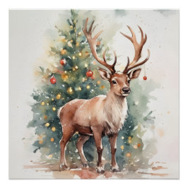 Kerstboom rendier knus Kerstmis Muur Kunst Perfect Poster