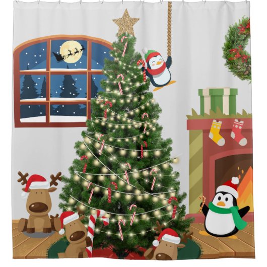 Kerstboom Rendier Pinguïn Candy Cane Douchegordijn (Voorkant)
