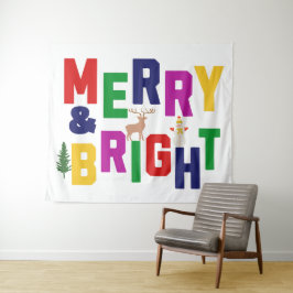 Kerstboom rendier sneeuwman vrolijk en stralend wandkleed