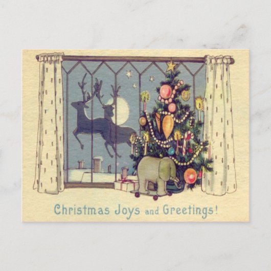 Kerstboom rendieren speelgoed volle maan feestdagenkaart (Voorkant)