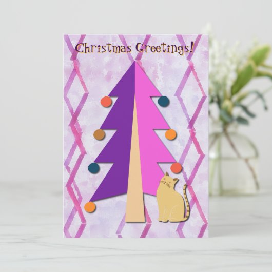 Kerstboom  Retro Kat Vakantie Kaart (Staand voorkant)