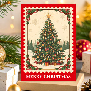 Kerstboom Retro Postzegel Feestdagen Kaart