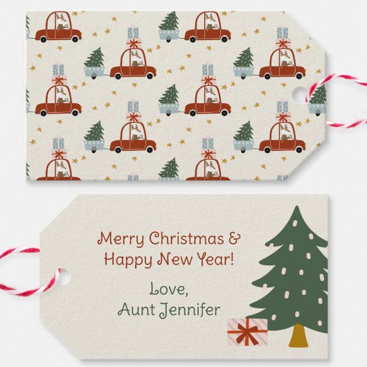 Kerstboom Rode Auto Illustratie Cadeaublaadjes Cadeaulabel
