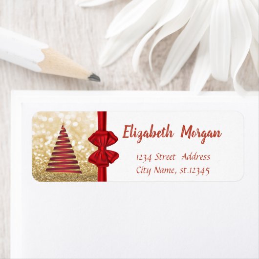 Kerstboom, Rode Bow, Gold Glittery Holiday Etiket (Insitu)