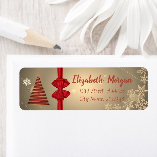 Kerstboom, Rode Bow, Snowflakes Holiday Etiket (Insitu)