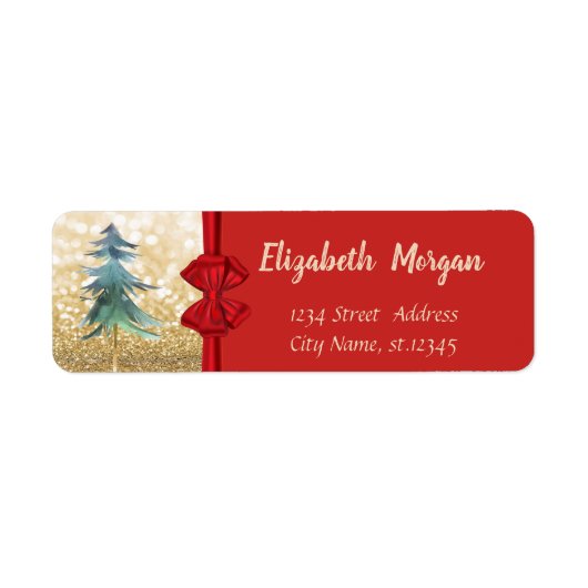 Kerstboom, Rode Strik, Gouden Glitter Bokeh Etiket (Voorkant)