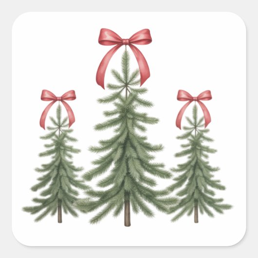 Kerstboom Rode strik Retro Vrolijke Kerstmis Vierkante Sticker (Voorkant)
