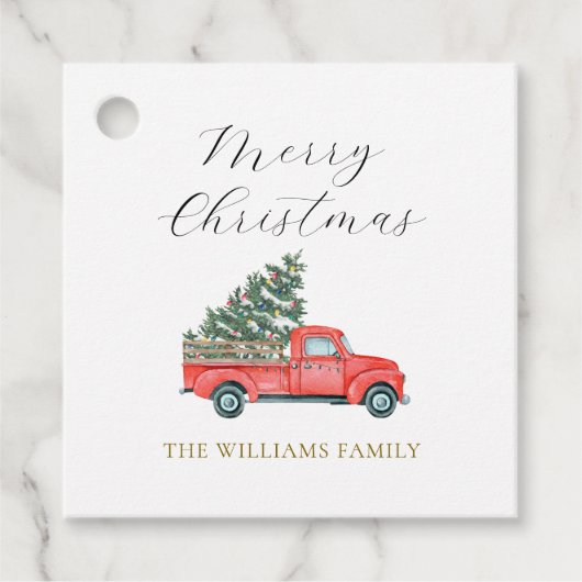 Kerstboom & Rode Vrachtwagen Schattige Vrolijk X'm Bedankjes Labels (Voorkant)