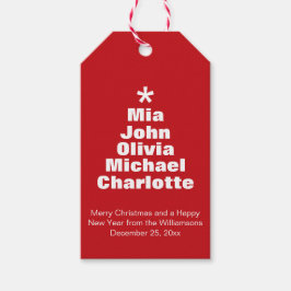 Kerstboom rode witte namen moderne tijd cadeaulabel