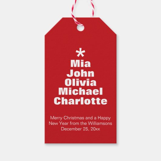 Kerstboom rode witte namen moderne tijd cadeaulabel (Voorkant)