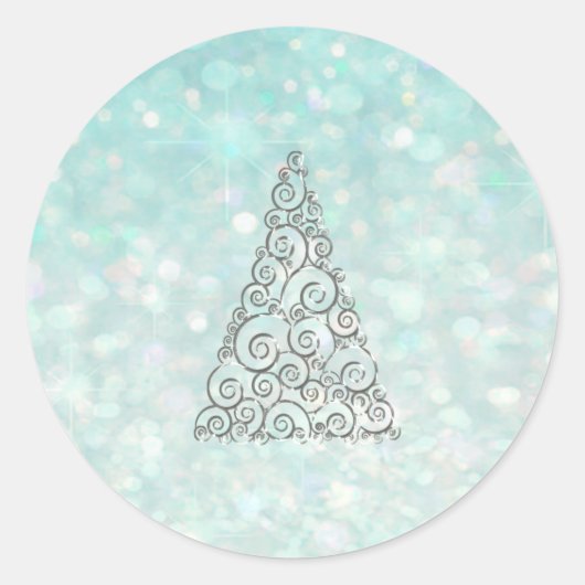 Kerstboom Romantische Glitter fonkeling bord blauw Ronde Sticker (Voorkant)